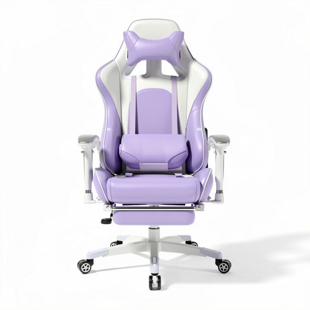 Ergonomische gaming stoel in paars en wit met verstelbare armleuningen en rugleuning