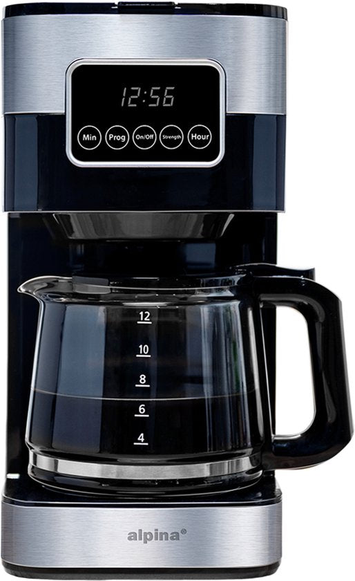 alpina Koffiezetapparaat Filterkoffie - Koffiemachine 1.5L/ 12 Kopjes Filter Koffie - Koffie Machine met Digitaal Display, Timer en Warmhoudplaat - Instelbare Koffie Sterkte - Zwart(Zwart)