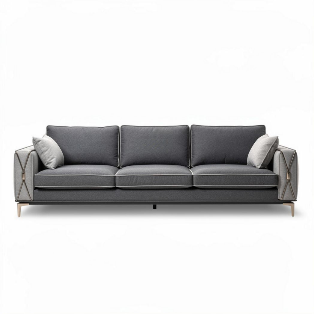 Grijze stoffen bank met kussens en houten poten 210 x 90 x 80cm