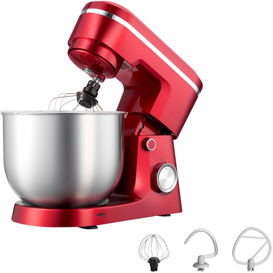 Merkloos / Sans marque 5,7 L Elektrische Standmixer, 1500W Keukenapparaat met 10 Instelbare Snelheden, Kantelbaar Kopontwerp, Roestvrijstalen Kom, Deeghaak, Garde en Klopper voor Bakken, Mixen, Kloppen en Kneden, Zilver