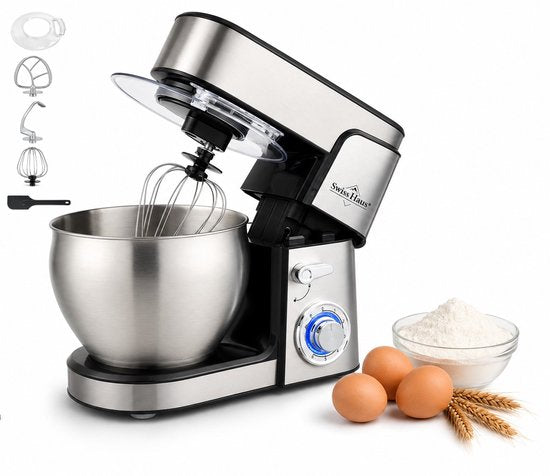 Swiss Haus® KM2207 Keukenmachine 1500W – 7L RVS Keukenrobot – 6 Snelheden + Pulse – Multifunctionele Standmixer met Accessoires – RVS(Kneedhaak)
