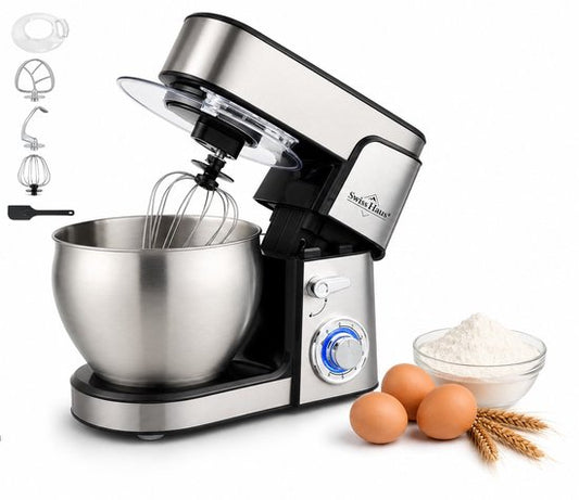 Swiss Haus® KM2207 Keukenmachine 1500W – 7L RVS Keukenrobot – 6 Snelheden + Pulse – Multifunctionele Standmixer met Accessoires – RVS(Kneedhaak)