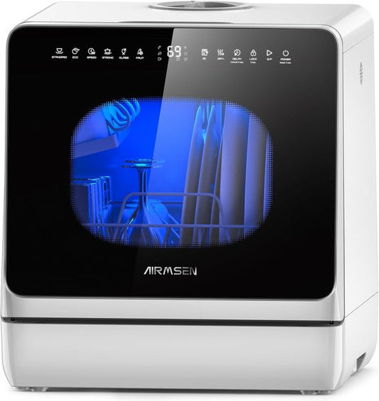 AIRMSEN Mini Vaatwasser - Met Ingebouwd Zoutreservoir - 5L Watertank - Zonder Vaste Wateraansluiting - 8+3 Programma's - 4 Couverts - Vrijstaande Afwasmachine - Wit/Zwart