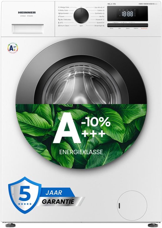 Heinner HWM-HME9014IVA10+++ Wasmachine - 9 kg - 1400 tpm - Energieklasse A-10% - Stoomfunctie met Allergy Care  Baby Care - 15 Programma’s - Quick Wash 15 min - Inverter Motor - Wit - 5 Jaar Garantie