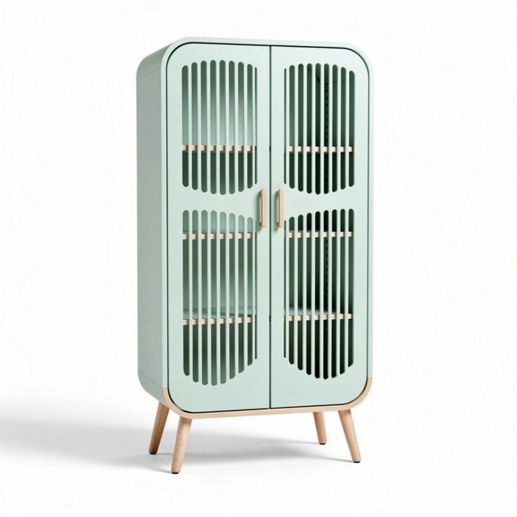 Groene houten kast met opengewerkte deuren en een afmeting van 80 x 40 x 150cm