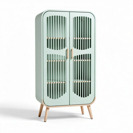 Groene houten kast met opengewerkte deuren en een afmeting van 80 x 40 x 150cm