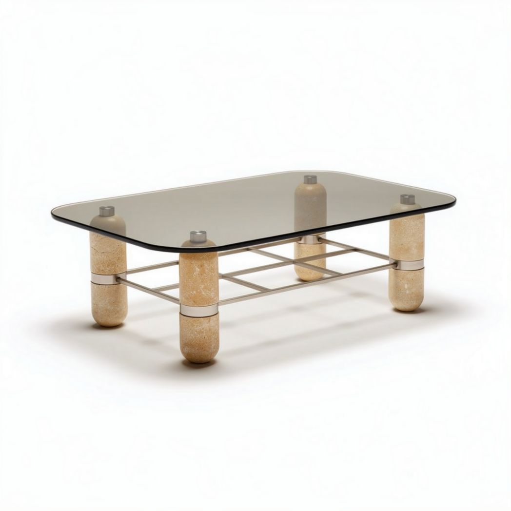 Glazen salontafel met een metalen onderstel en stenen poten 120 x 80 x 40cm