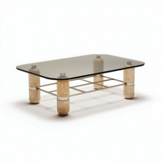 Glazen salontafel met een metalen onderstel en stenen poten 120 x 80 x 40cm