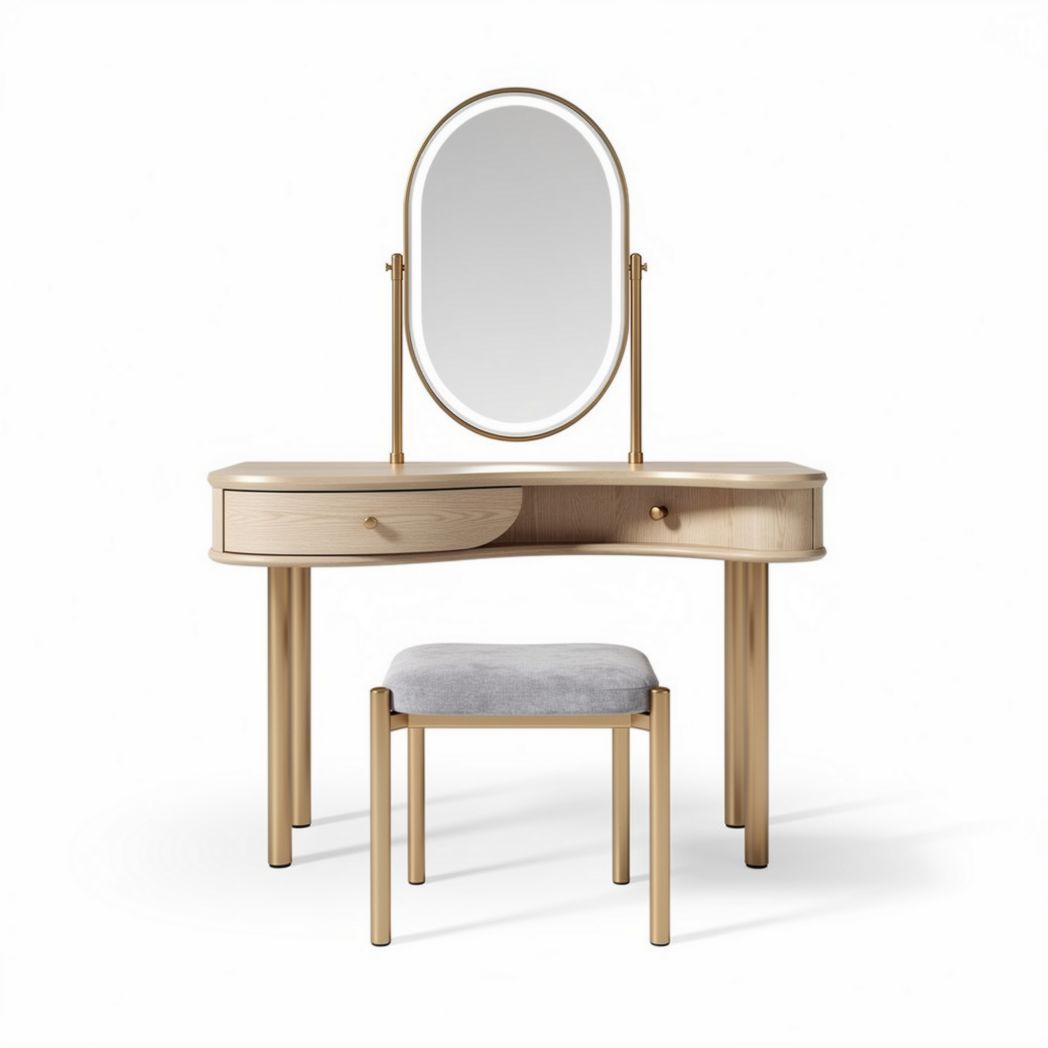 Sierlijke kaptafel met ronde spiegel en marmeren lades in grijs en goud 80 x 40 x 75cm