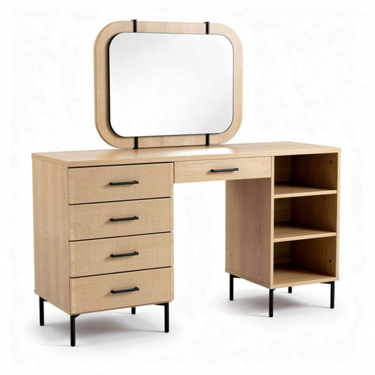 Houten toilettafel met spiegel vier lades en open opbergruimte 150 x 60 x 75cm