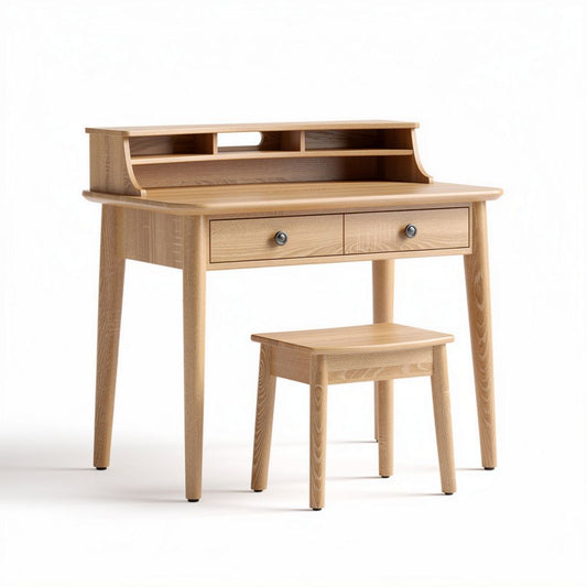 Houten bureau met lades en bijpassende kruk in natuurlijke kleur 100 x 50 x 75cm