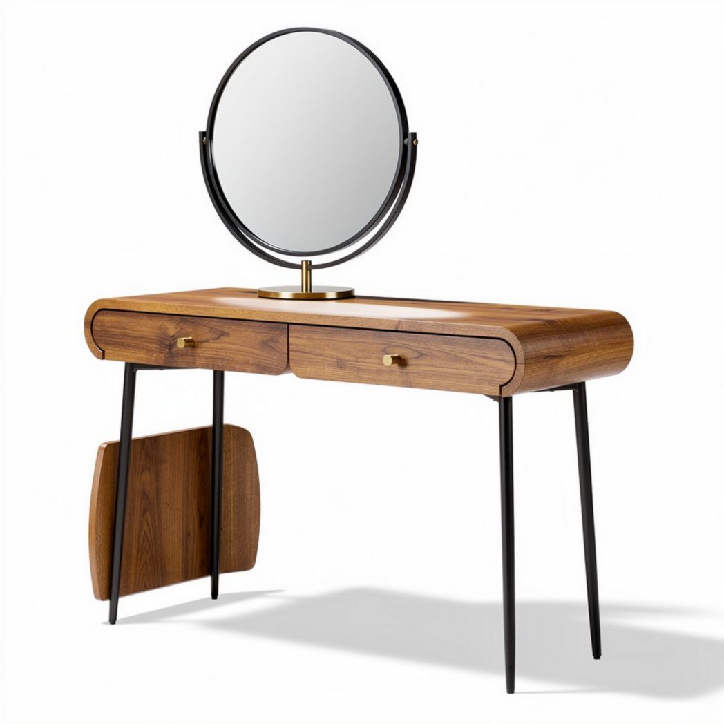Spiegelkaptafel van hout met ronde spiegel en twee lades 120 x 40 x 75cm