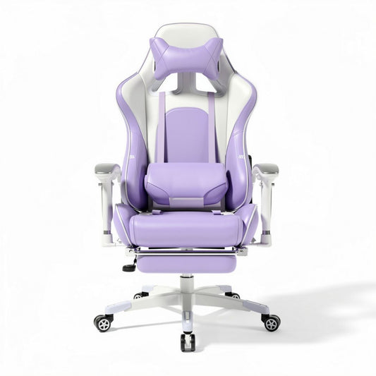 Ergonomische gaming stoel in paars en wit met verstelbare armleuningen en rugleuning