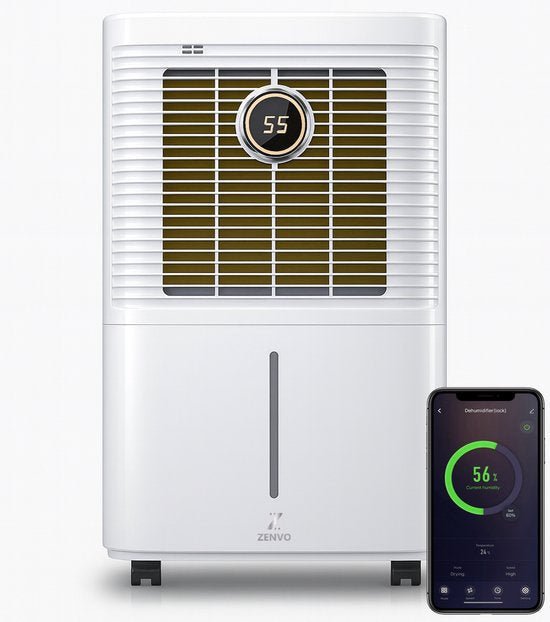 ZENVO Zenvo Luchtontvochtiger Smart/WiFi/App - Ontvochtigt 12L/dag - Dehumidifier met Hygrostaat - Geschikt voor Woonkamer, Slaapkamer, Badkamer, Babykamer
