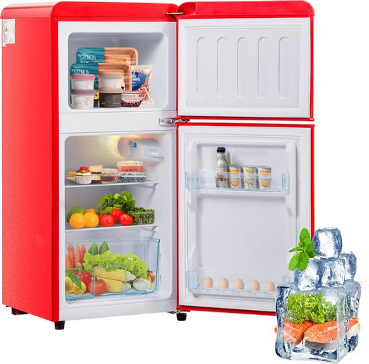 Sweiko Mini koelkast, Koel-vriescombinatie, Retro koelkast, 86.8*45.5 cm, dubbele deur, Totaal volume van 60L, Vrieskamer capaciteit van 22L, 163 kWh/jaar, -27° C~13° C, LED licht, Rood, Energieniveau F(Rood)