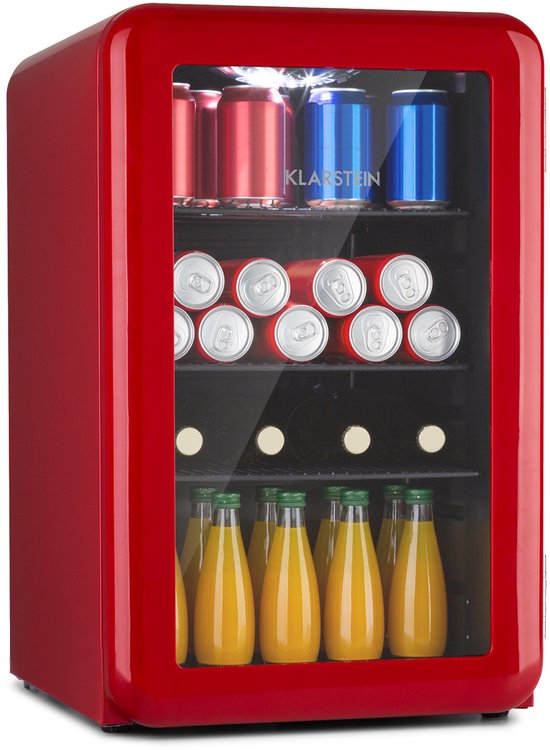 Klarstein PopLife Drankenkoeler - Minibar, Retro Koelkast, 0-10°C, slechts 39 dB, 70 L, milieuvriendelijk, dubbelwandige deur, retro design, rood