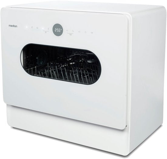 MEDION Mini Vaatwasser DWT51 (tafelmodel vaatwasser met touchbediening, emmerfunctie, 5 couverts, werkt met/zonder wateraansluiting, 7 reinigingsprogramma's, voorkeuze starttijd, MD 37766) wit