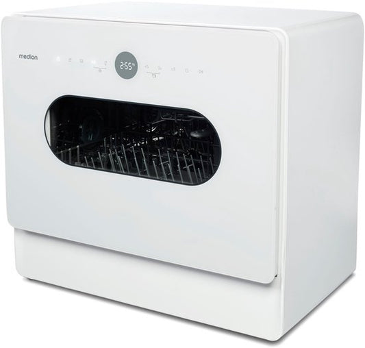 MEDION Mini Vaatwasser DWT51 (tafelmodel vaatwasser met touchbediening, emmerfunctie, 5 couverts, werkt met/zonder wateraansluiting, 7 reinigingsprogramma's, voorkeuze starttijd, MD 37766) wit