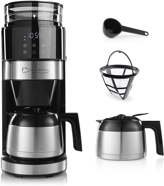 Barista-filterkoffiezetapparaat met instelbare molen (Pro Design) | Warmhoudfunctie, 24-uurs timer  permanentfilter | Voor 10 kopjes koffie | Koffiezetapparaat voor bonen en gemalen koffie [roestvrij staal](Zilver met thermoskan)