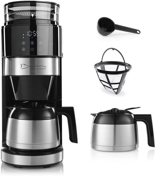 Barista-filterkoffiezetapparaat met instelbare molen (Pro Design) | Warmhoudfunctie, 24-uurs timer  permanentfilter | Voor 10 kopjes koffie | Koffiezetapparaat voor bonen en gemalen koffie [roestvrij staal](Zilver met thermoskan)