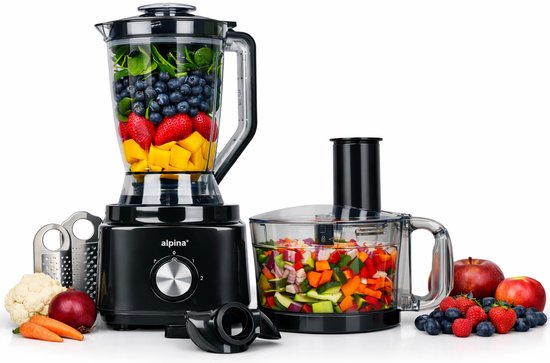 alpina 3-in-1 Foodprocessor, Blender en Smoothie Maker - Keukenmachine Multifunctioneel - Groentesnijder - Hakmolen - 2L - BPA-Vrij - Vaatwasserbestendig - FP413GS - Zwart