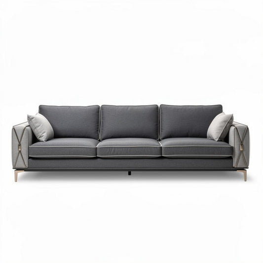 Grijze stoffen bank met kussens en houten poten 210 x 90 x 80cm