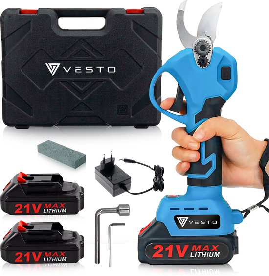 Vesto® Elektrische Snoeischaar - Draadloos met 2 Accu's en Opbergkoffer - Professioneel Takkenschaar voor 28mm - Tuinschaar - Heggenschaar op Batterij - Voor Snoeien van Takken  Heggen(28 mm)
