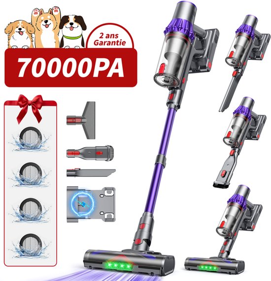Merkloos / Sans marque Steelstofzuiger - accu stofzuiger - Steelstofzuiger Draadloos 70000PA - LED-Display - draadloze stofzuiger - 3 Standen Zuigkracht -Steelstofzuigers - Anti-klit vloerborstel - 20-60 Min Werktijd - 1,8L - Paars(Paars)