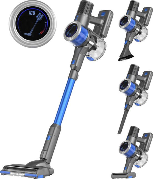 Auronic Steelstofzuiger Draadloos 350W - Draadloze Stofzuiger - HEPA Filter - Zelfstaand - Op Accu - Zonder Zak - Kruimeldief - Vacuum Cleaner - Grijs/Blauw(Grijs， Blauw/1 accu， Turbozuigmond)