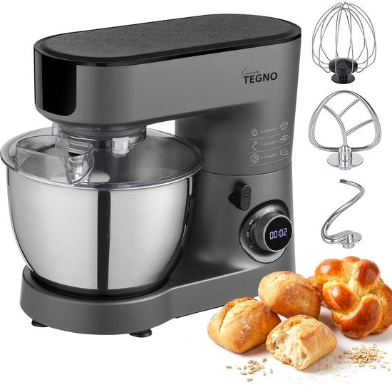 Linea Tegno Steel Mixer PRO-M7500 - Professionele Keukenmixer voor deeg, beslag, slagroom en crèmes - 1500W - Krachtige Antracietgrijze keukenmachine - Stand Mixer met 6.5L edelstalen mengkom. Krachtig, stil en eenvoudig reinigen.