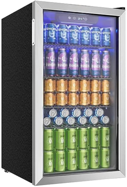 Merkloos / Sans marque CYRO - Mini Koelkast Glazen Deur - Mini Koelkasten voor Drinken - Minibar - LED - 126 Blikjes - Verstelbare Planken - RVS - Zilver