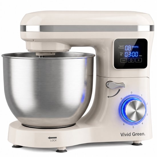 Vivid Green 2000W Keukenmixer - Timer  Automatische Stop - Geschikt voor Zwaar Deeg - 6,2L Mengkom - Keukenmachine - Keukenrobot - Crème(Crème)