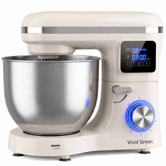 Vivid Green 2000W Keukenmixer - Timer  Automatische Stop - Geschikt voor Zwaar Deeg - 6,2L Mengkom - Keukenmachine - Keukenrobot - Crème(Crème)