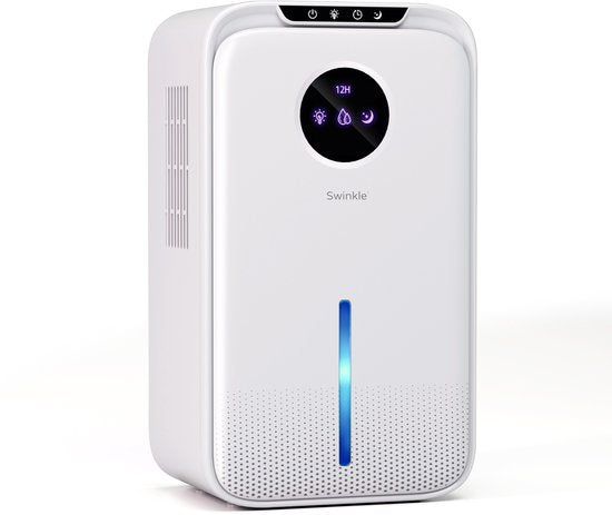 Swinkle Luchtontvochtiger 2.5L – Ontvochtigt tot 1L per dag – Dehumidifier met Ionisator  7-Kleuren LED – Stil  Energiezuinig – Voor Slaapkamer, Badkamer  Woonkamer – Wit(Wit)
