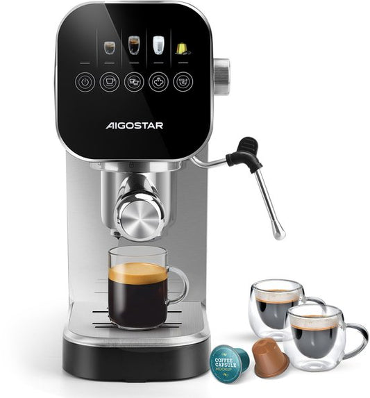 Aigostar Espressomachine 20 Bar - Pistonmachine met LCD Display - Met Stoompijpje - Coffee Machine - 1360W - RVS/Zilver