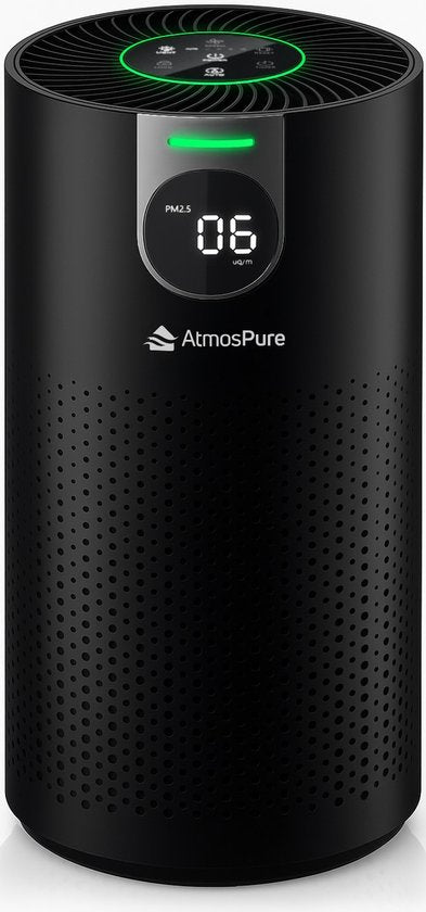 AtmosPure® CleanAir Luchtreiniger - Air Purifier met vervangbaar HEPA 13 + Koolstof filter - CADR 250 m³/h - Zwart - Voor 98 m² - Filtert pollen, huisstofmijtallergenen en fijnstof - 3 standen + stille slaapstand - Luchtkwaliteit Sensor(Zwart)